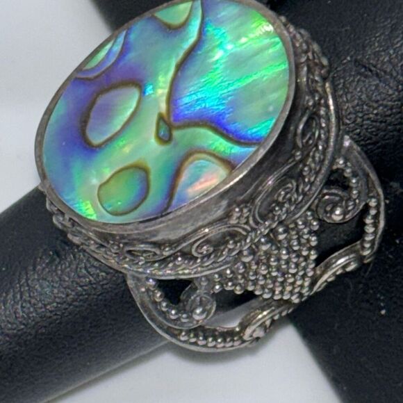 925 silver abalone shell statement ring large intricate Sz 10 - Picture 2 of 12